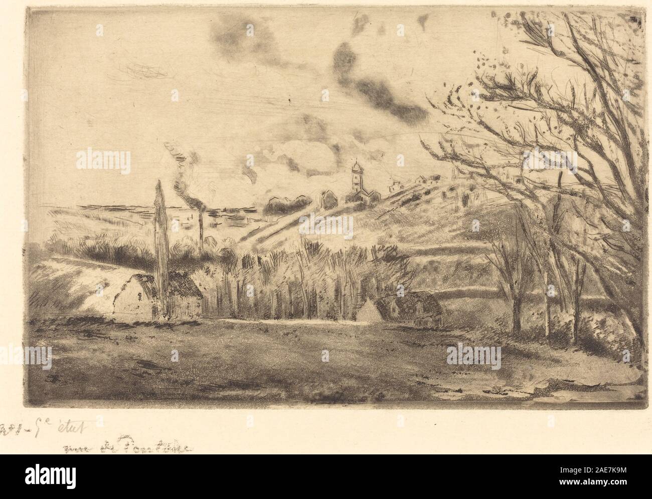 Ein Landschaftsgemälde von Pontoise von Camille Pissarro aus dem Jahr 1885, das Gebäude, den Fluss und die natürliche Landschaft in einem impressionistischen Stil darstellt. Stockfoto