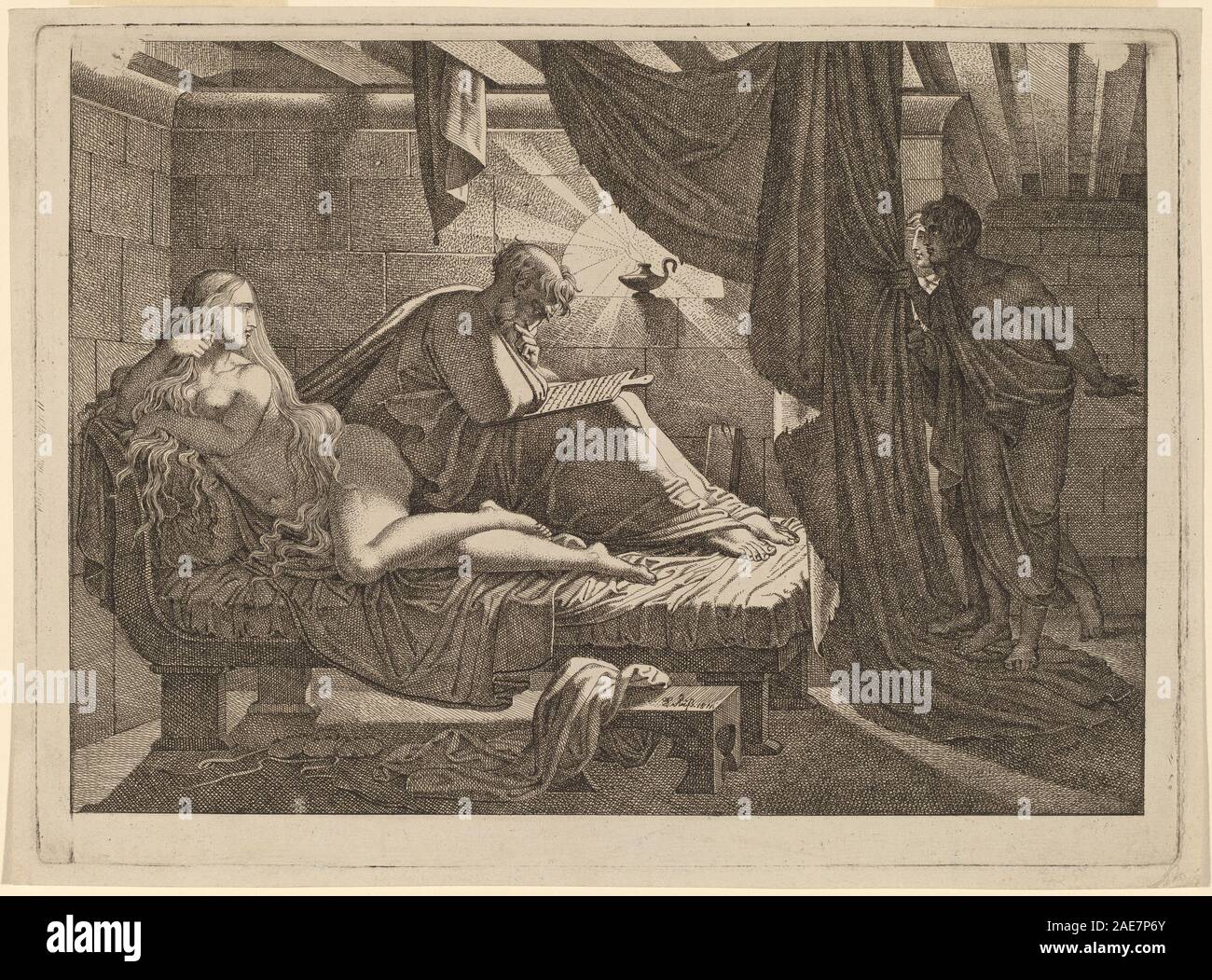 Ein Gemälde von Carl Russ aus dem Jahr 1811, das Xenocrates und Phryne zeigt und zwei klassische Figuren in historischer Kleidung mit Augenmerk auf Gesichtsausdruck, Haltung und klassische Komposition zeigt. Stockfoto