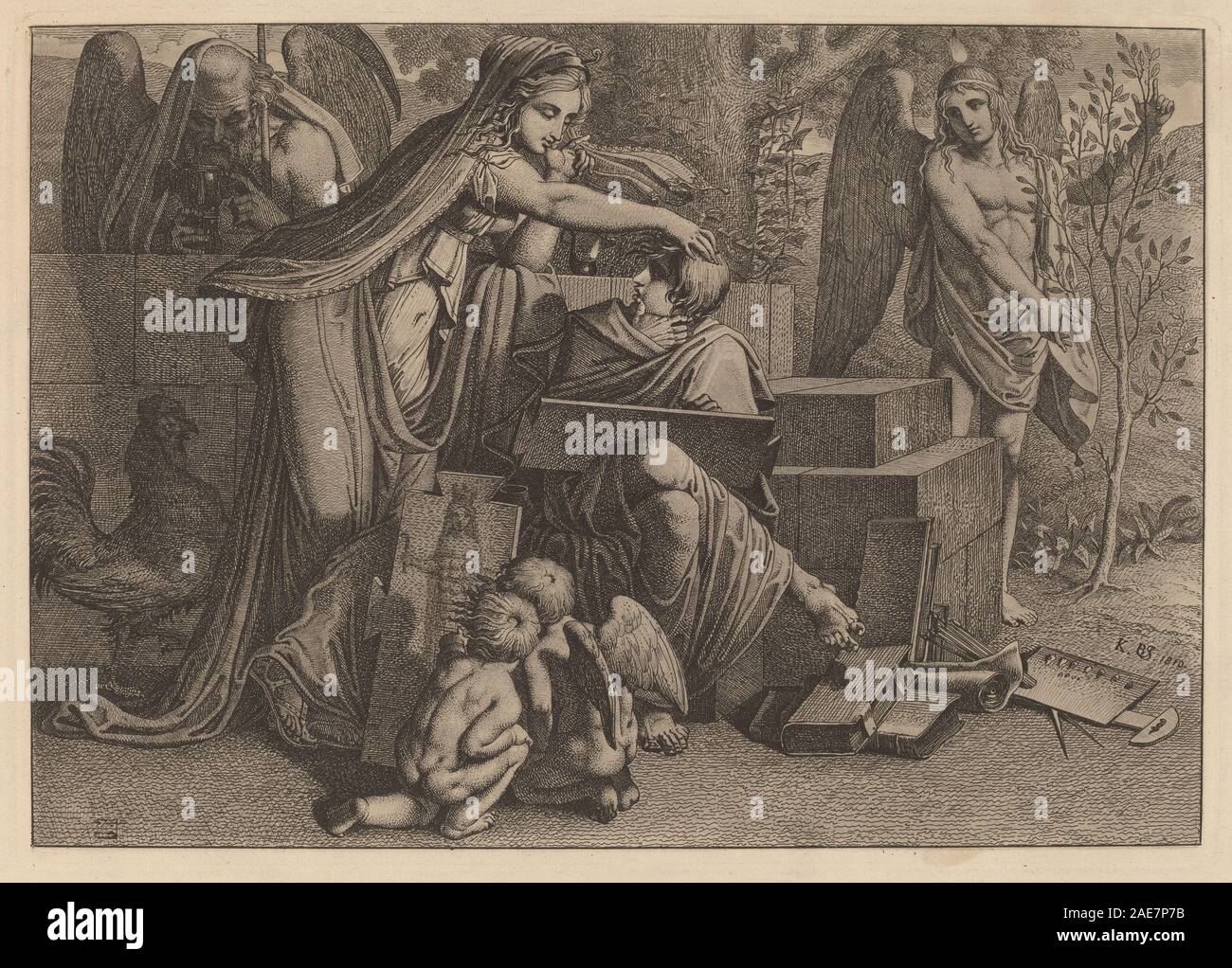 Eine Zeichnung von Carl Russ aus dem Jahr 1810, die einen jungen Mann zeigt, der vom Genie inspiriert ist und Körperhaltung, Gesichtsausdruck und europäische Zeichentechniken des frühen 19. Jahrhunderts sowie das Studium des menschlichen Charakters darstellt. Stockfoto
