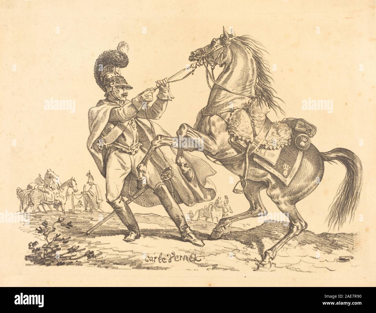 Kürassier, der sein Aufzuchtpferd zurückhält, von Carle Vernet in oder nach 1816, zeigt einen berittenen Soldaten, der ein Pferd mit dynamischer Geste und Haltung steuert. Das Kunstwerk betont menschliche Figur, Tieranatomie, Bewegung, Komposition und militärischen Kontext. Es spiegelt französische Reitermalerei und Genreszenen des frühen 19. Jahrhunderts wider. Stockfoto