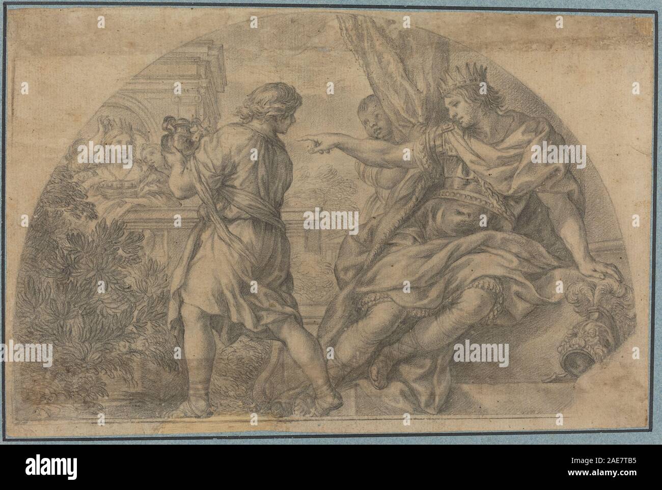 Masinissa und Sophonisba, nach Pietro da Cortona, stellen historische Figuren in einer narrativen Szene mit Gesten, Ausdrücken und klassischer Kleidung dar. Das Kunstwerk betont menschliche Figuren, Interaktion, Komposition, räumliche Anordnung und historische Darstellung. Sie spiegelt die Tradition der italienischen Barockmalerei und Erzählkunst wider. Stockfoto