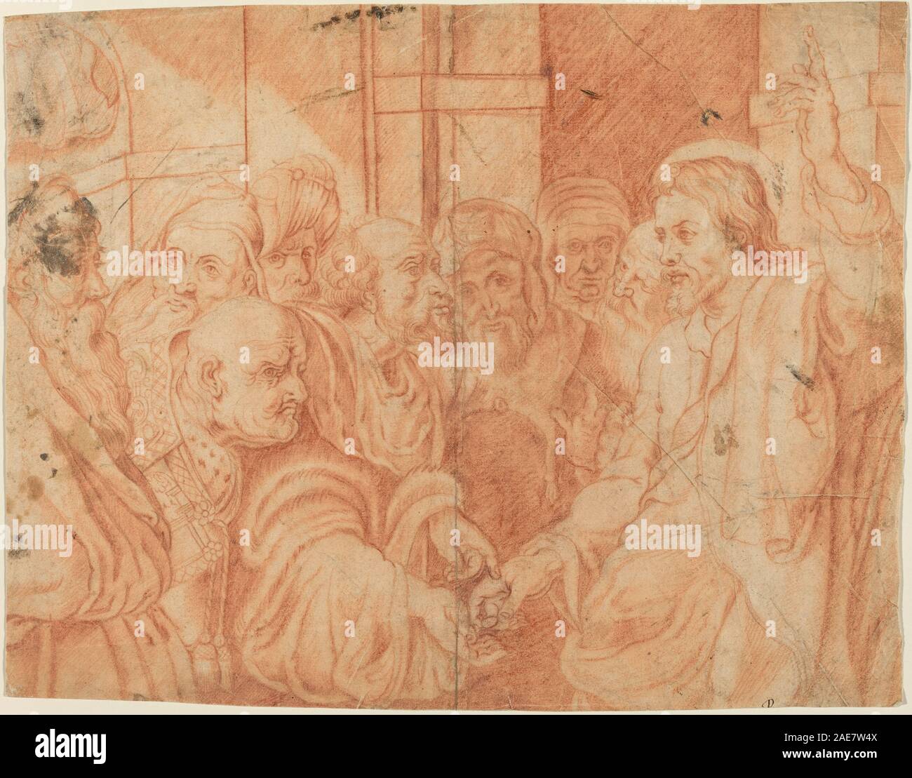 Tribute Money, nach Sir Peter Paul Rubens, zeigt die biblische Szene, in der Jesus Peter anweist, die Tempelsteuer zu zahlen. Das Gemälde betont religiöse Erzählungen, Figuren und barocke Komposition. Stockfoto