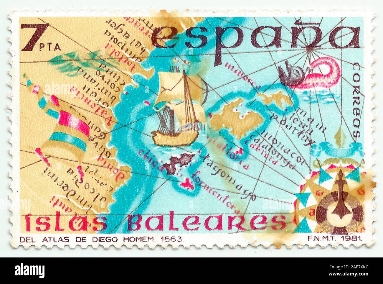 Mérida, Extremadura, Spanien - DIC, 01, 2018 - Stempel in Spanien gedruckt zeigt die Karte der Balearen, Spanien Inselgruppe im Mittelmeer. CIR Stockfoto