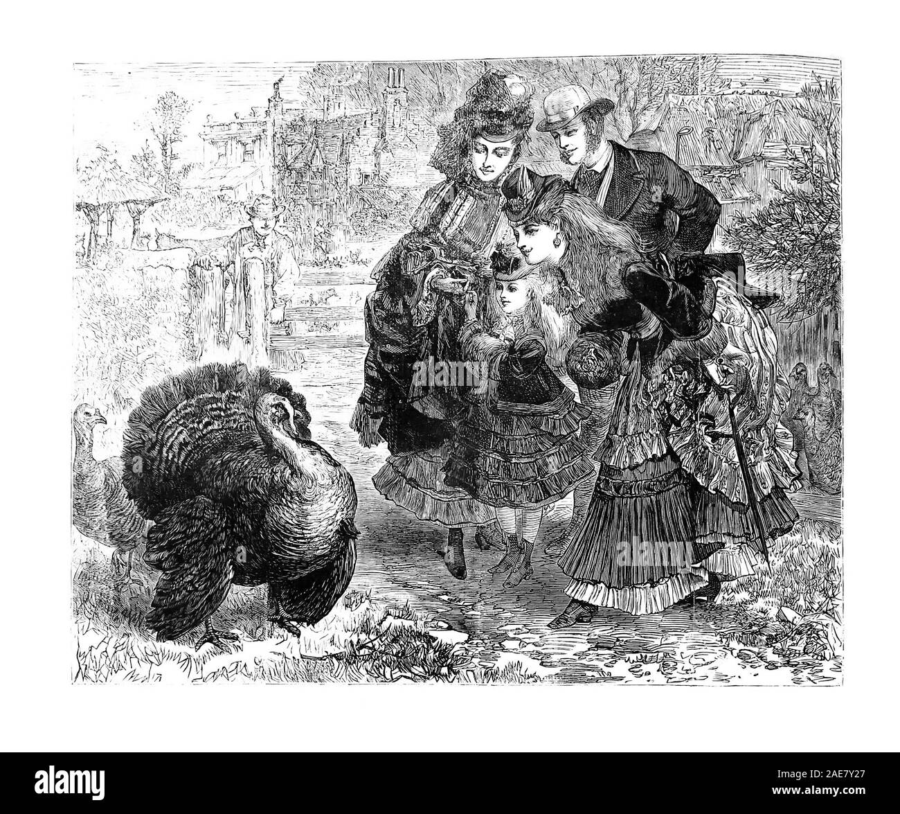 Komplimente der Saison Frauen bewundern eine große Türkei thanksgiving Theme. Jahrgang Illustration 1872 Stockfoto