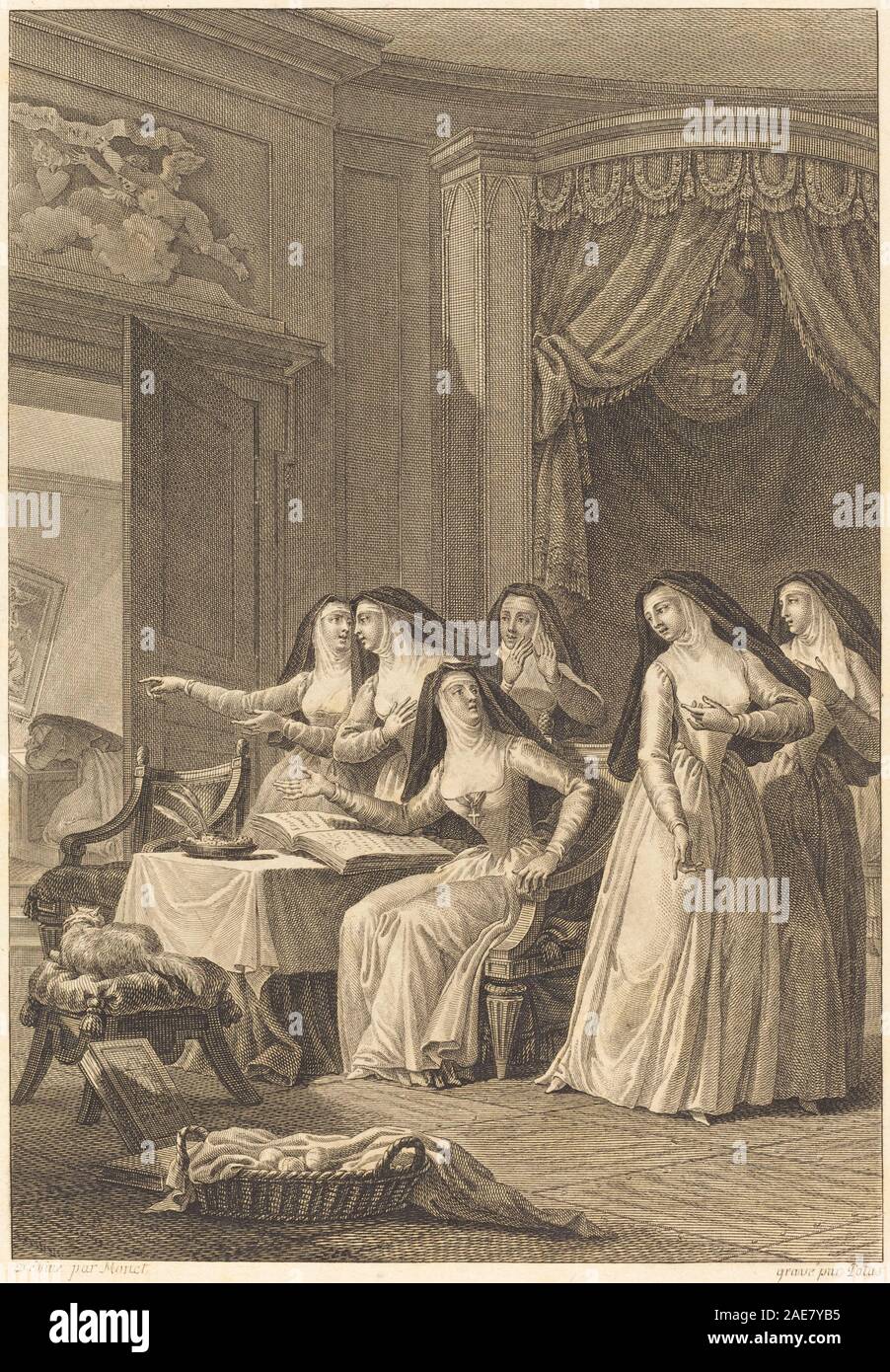 Ein Gemälde von Charles Emmanuel Patas nach Charles Monnet, das Soeur Jeanne in religiöser Kleidung zeigt, sitzend, mit detaillierten Gesichtszügen und Körperhaltung, die typisch für Porträts des 18. Oder 19. Jahrhunderts sind. Stockfoto