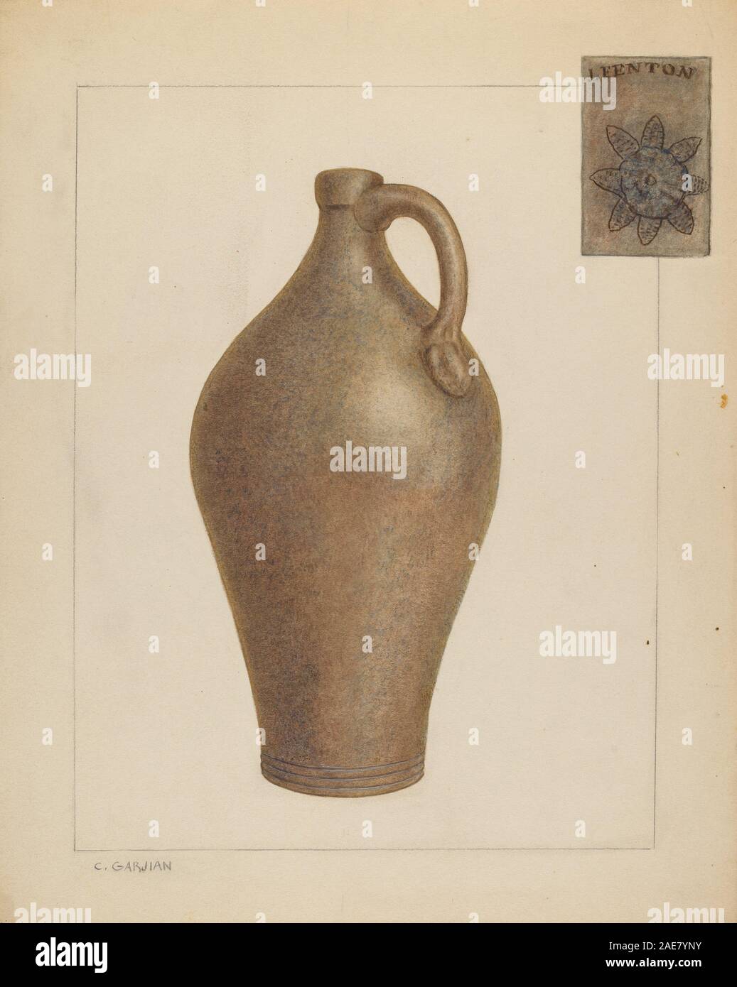 Krug von Charles Garjian um 1937, mit Gefäßform, Griff, Trinkschnabel, Material, Oberflächendekoration und praktisches Design zur Aufbewahrung von Flüssigkeiten. Stockfoto