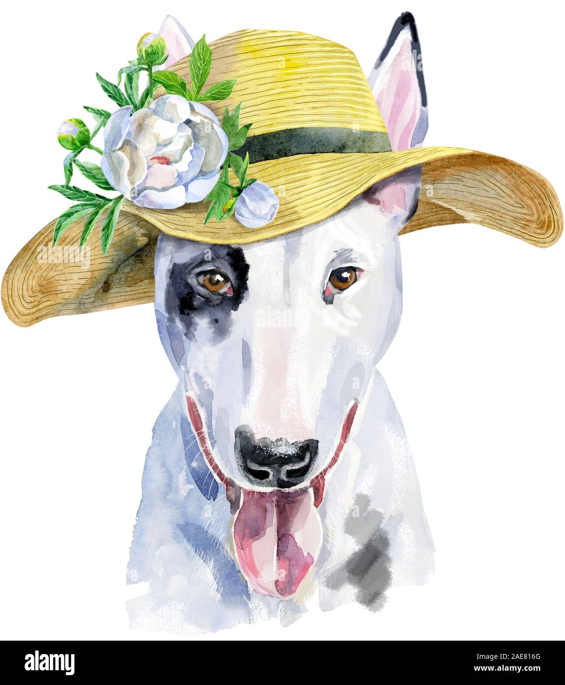Süßer Hund. Hund für T-shirt Grafiken. Aquarell Bullterrier Abbildung mit silberne Krone Stockfoto