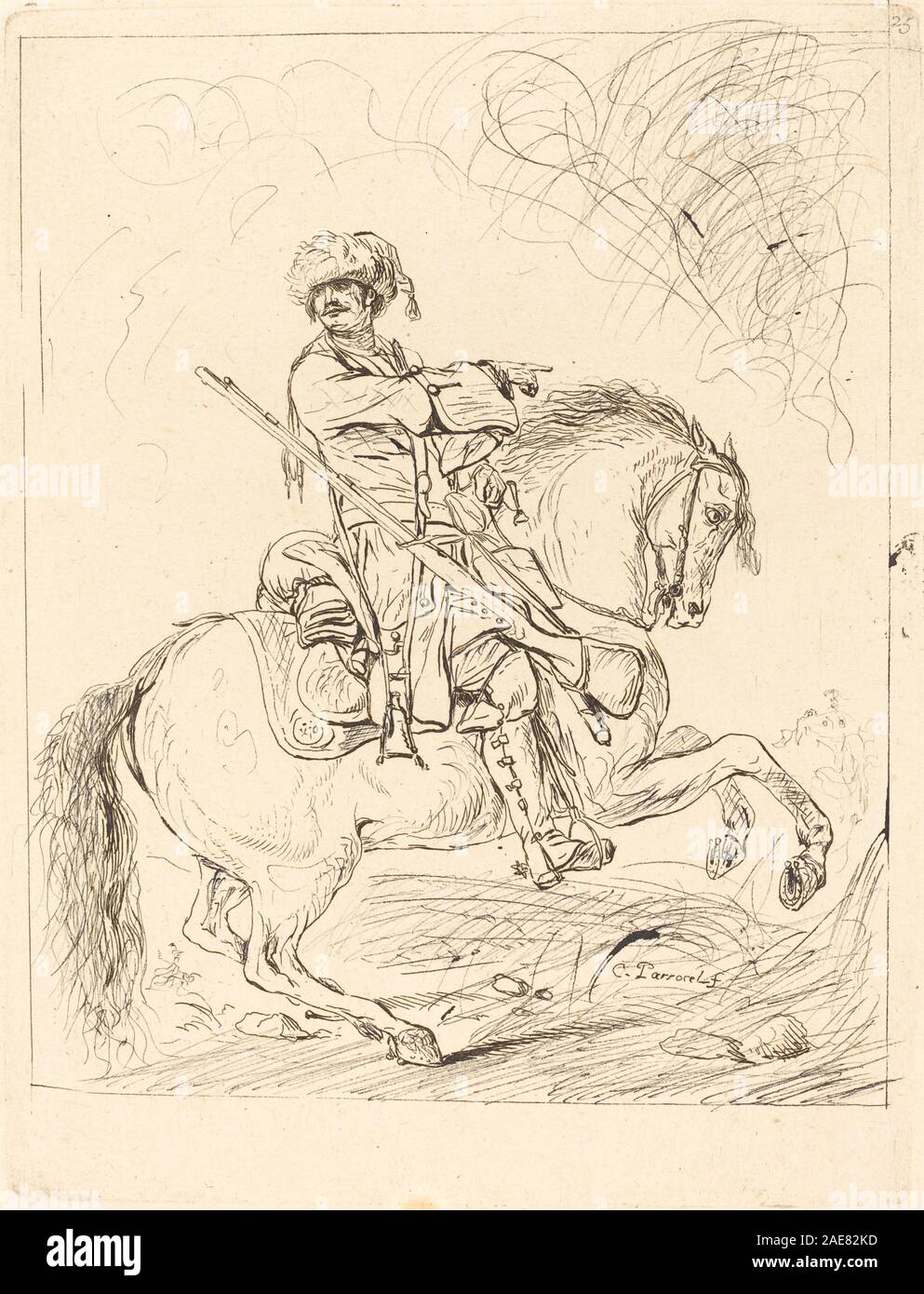 Ein Dragoon on on Horseback, von Charles Parrocel um 1730, zeigt einen berittenen Soldaten in Uniform auf dem Pferd, zeigt Figur, Pferd, Haltung, Ausrüstung, Waffen und Landschaftskontext. Das Gemälde betont europäische Militärthemen des frühen 18. Jahrhunderts und die Darstellung des Reiters. Stockfoto