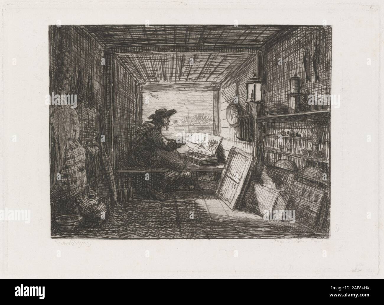 Ein Gemälde eines schwimmenden Ateliers von Charles-Francois Daubigny aus dem Jahr 1862, das das Boot, das Atelier des Künstlers, den Fluss, die Wasserreflexionen, umliegende Landschaft und französische Landschaft aus der Mitte des 19. Jahrhunderts. Stockfoto