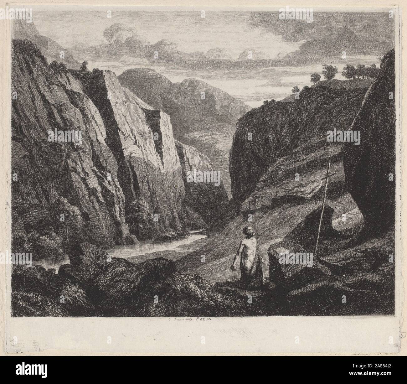 Gemälde des Heiligen Jerome von Charles-Francois Daubigny, um 1840, das den Heiligen Jerome im Studium mit Büchern, Schreibwerkzeugen, wissenschaftlicher Kleidung, kontemplativer Pose, religiöser Figur, französische Malerei aus dem 19. Jahrhundert und detaillierte Komposition. Stockfoto