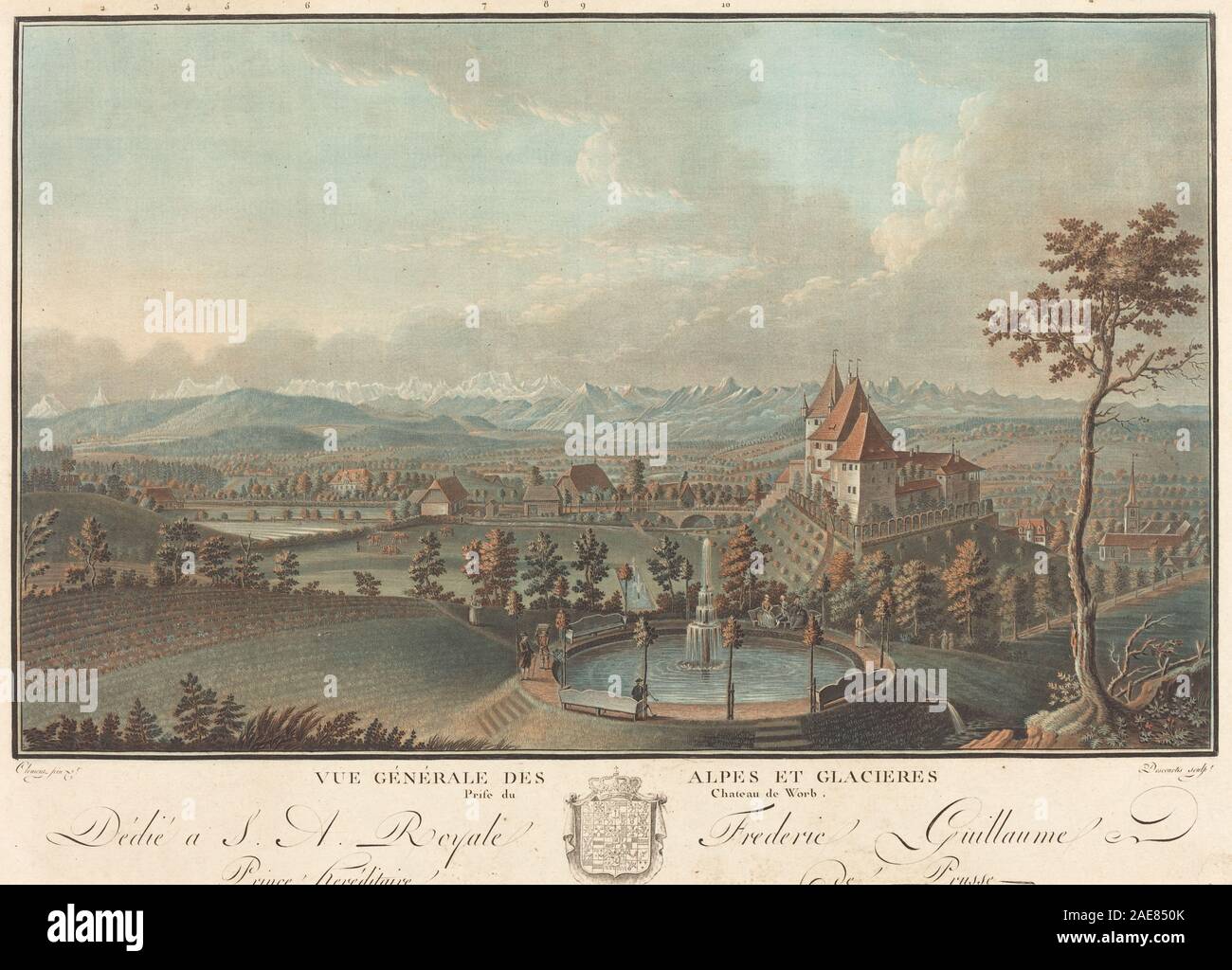 Ein Landschaftsdruck oder eine Zeichnung von Charles-Melchior Descourtis, der einen allgemeinen Blick auf die Alpen und Gletscher mit Berggipfeln, Schnee, Eis und natürlicher Landschaft zeigt. Stockfoto