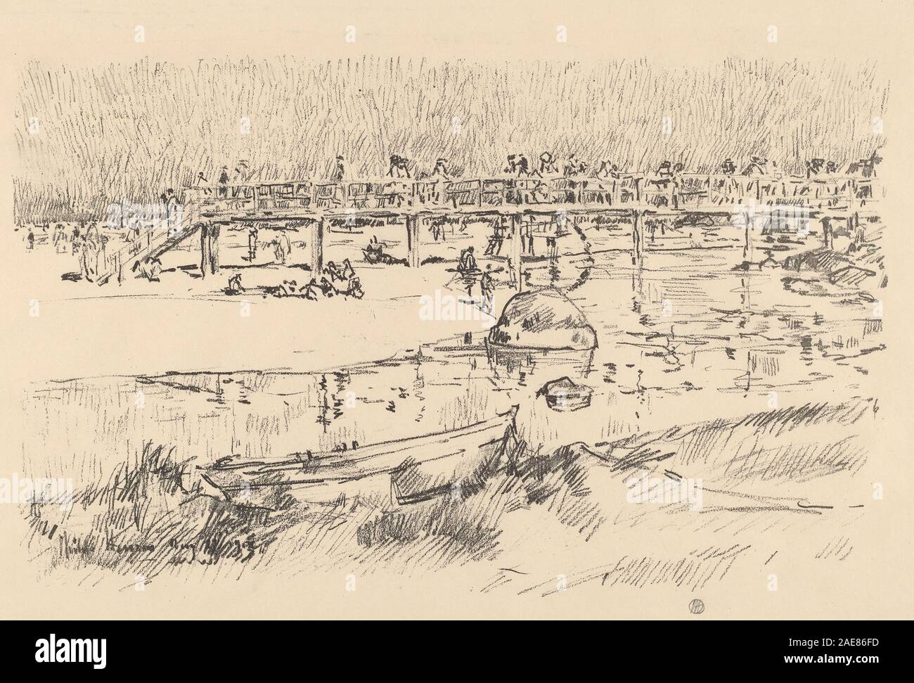 Ein Gemälde von Childe Hassam um 1918, das einen Badestrand bei Bass Rocks zeigt, mit Figuren, Sand, Wasser, Felsen, und Konventionen der amerikanischen Küstenlandschaft des frühen 20. Jahrhunderts. Stockfoto