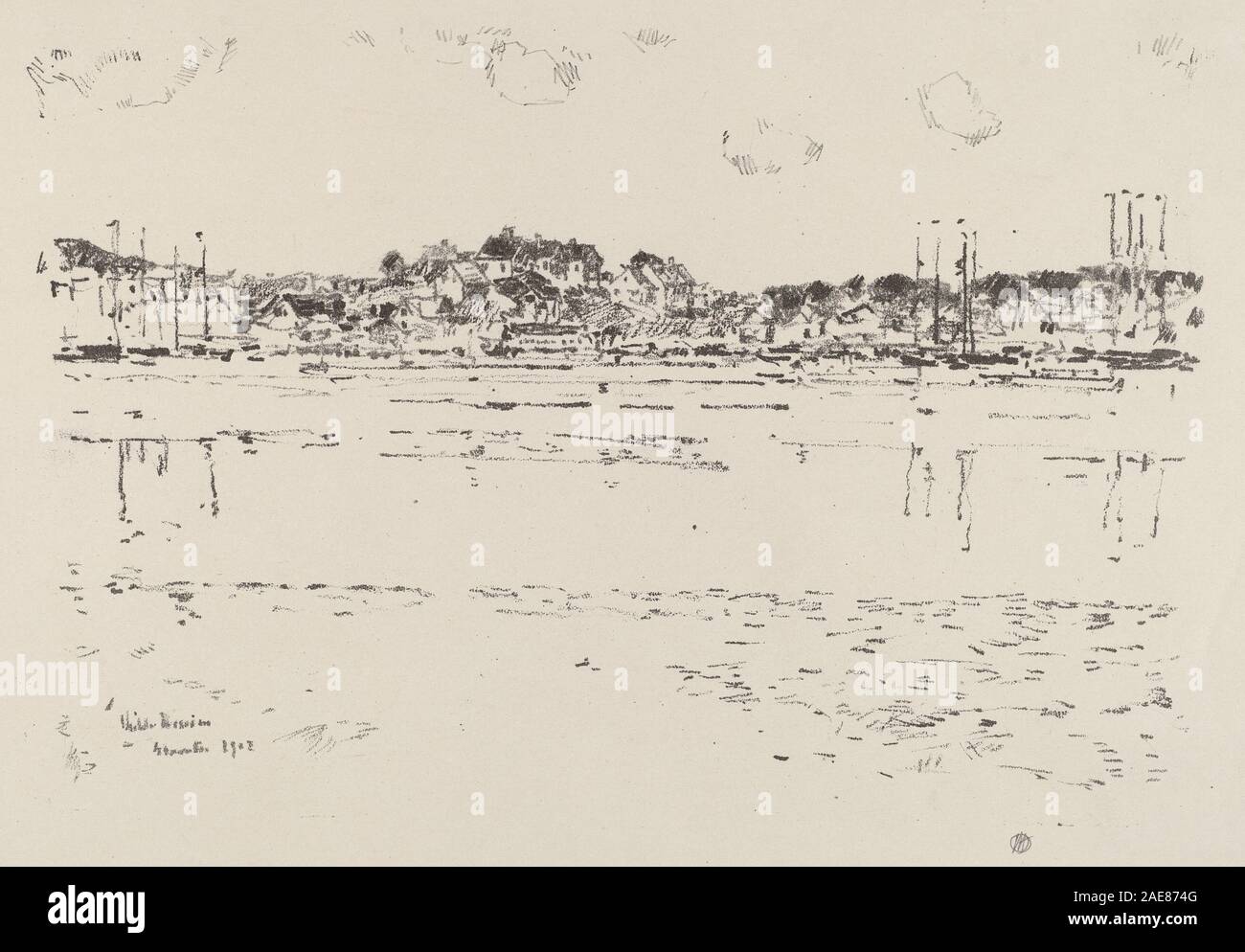 Inner Harbor, gemalt um 1918 von Childe Hassam, zeigt eine Hafenszene mit Booten, Wasser, Docks, Gebäuden und Figuren. Betonung von Komposition, Perspektive und atmosphärischem Licht. Stockfoto