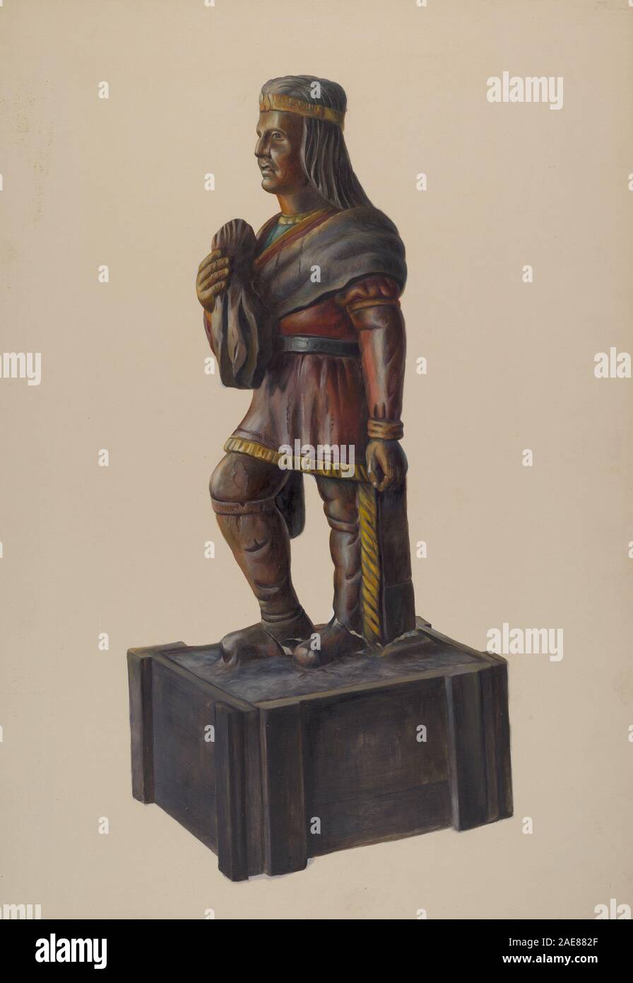 Ein Zigarrengeschäft Indianer aus dem Jahr 1935-1942 von Chris Makrenos, in dem geschnitzte Holzfiguren, Farben, Kopfbedeckungen, Haltung und Design für die Werbung für Tabakprodukte in amerikanischen Geschäften des frühen 20. Jahrhunderts gezeigt werden. Stockfoto