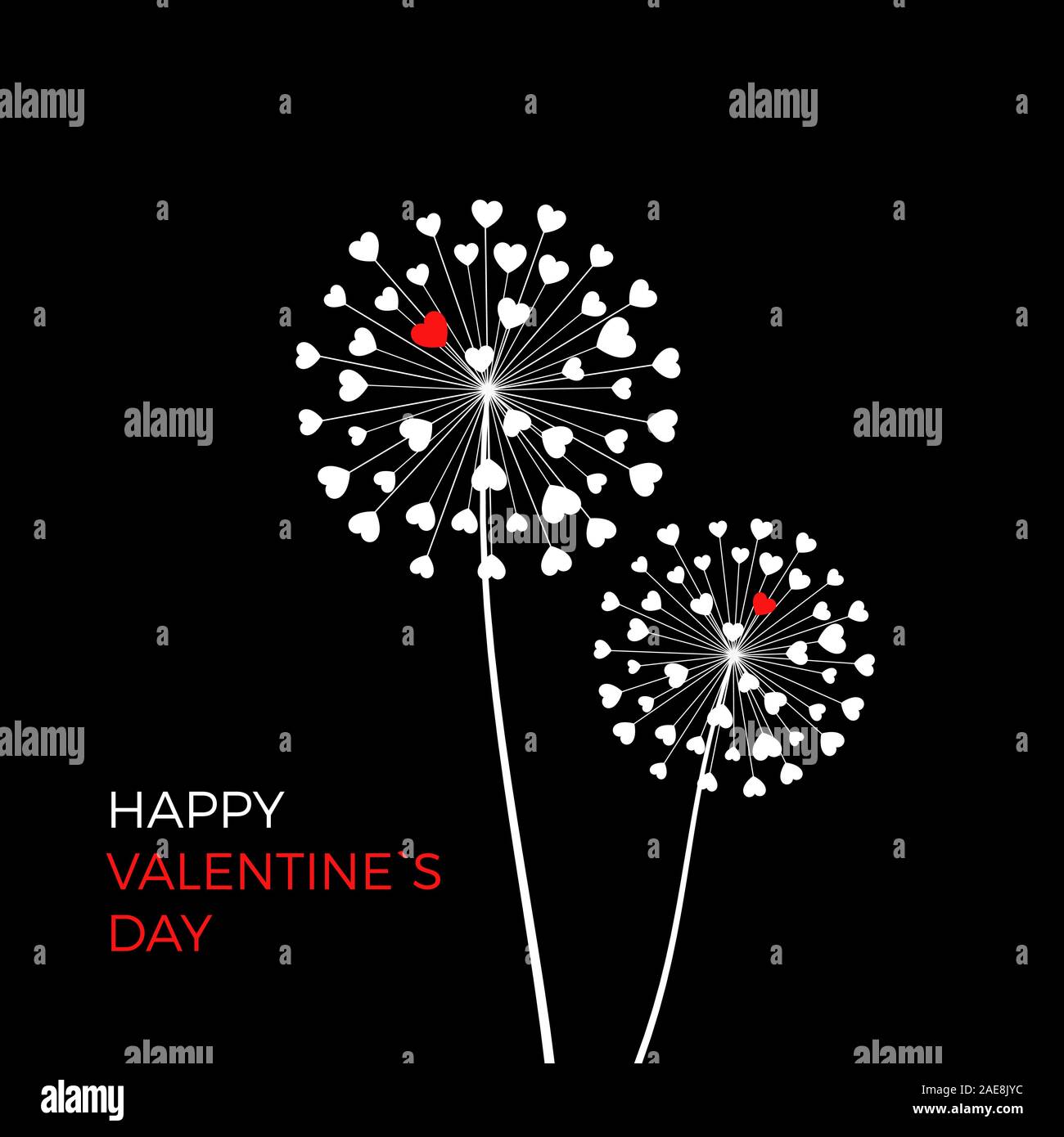 Paar Löwenzahn mit roten Herzen. Happy Valentinstag Grußkarten auf schwarzem Hintergrund. Weiß mit roten Herzen blowball Symbol der Liebe. Vektor Stock Vektor