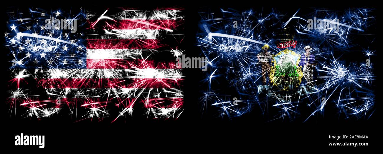 Vereinigte Staaten von Amerika vs Maine neues Jahr Feier funkelnden Feuerwerk flags Konzept Hintergrund. Kombination von zwei amerikanischen Staaten Fahnen. Stockfoto