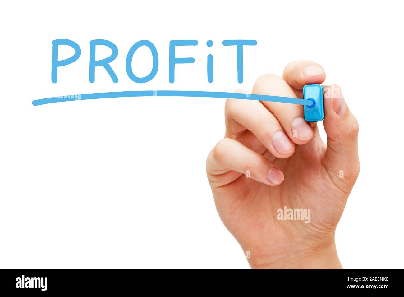 Hand schreiben das Wort Profit mit blauen Markierung auf Transparenten abwischen Board auf weißem Hintergrund. Stockfoto