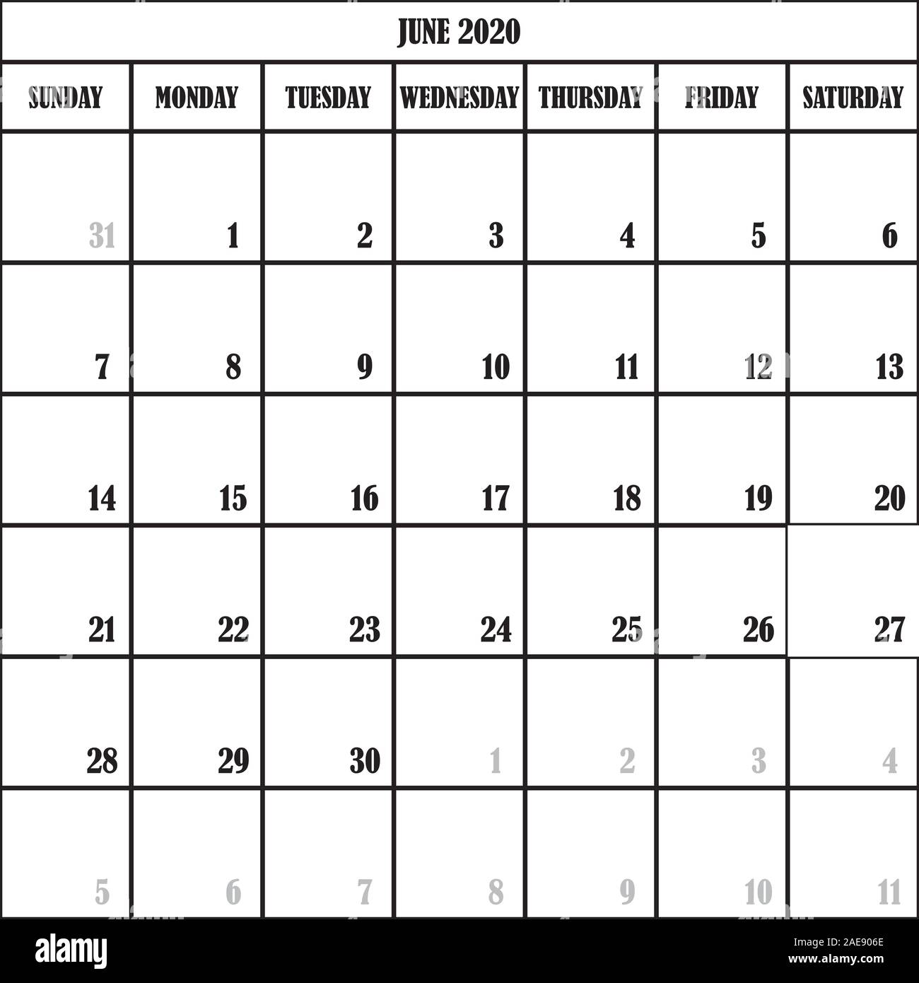 Kalender PLANER JUNI 2020 auf transparentem Hintergrund Stock Vektor
