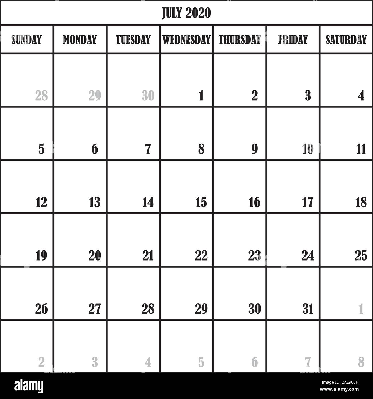 Kalender PLANER MONAT JULI 2020 auf transparentem Hintergrund Stock Vektor