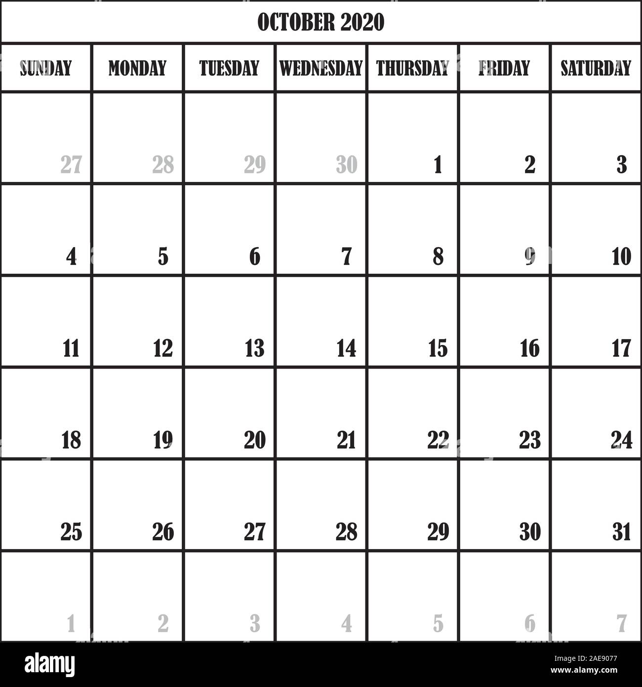 Kalender PLANER MONAT OKTOBER 2020 auf transparentem Hintergrund Stock Vektor