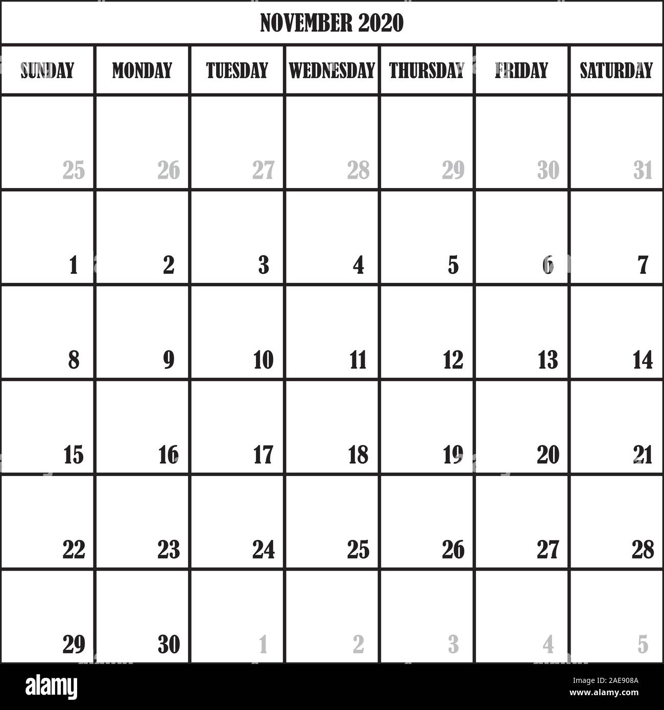 Kalender PLANER MONAT NOVEMBER 2020 auf transparentem Hintergrund Stock Vektor