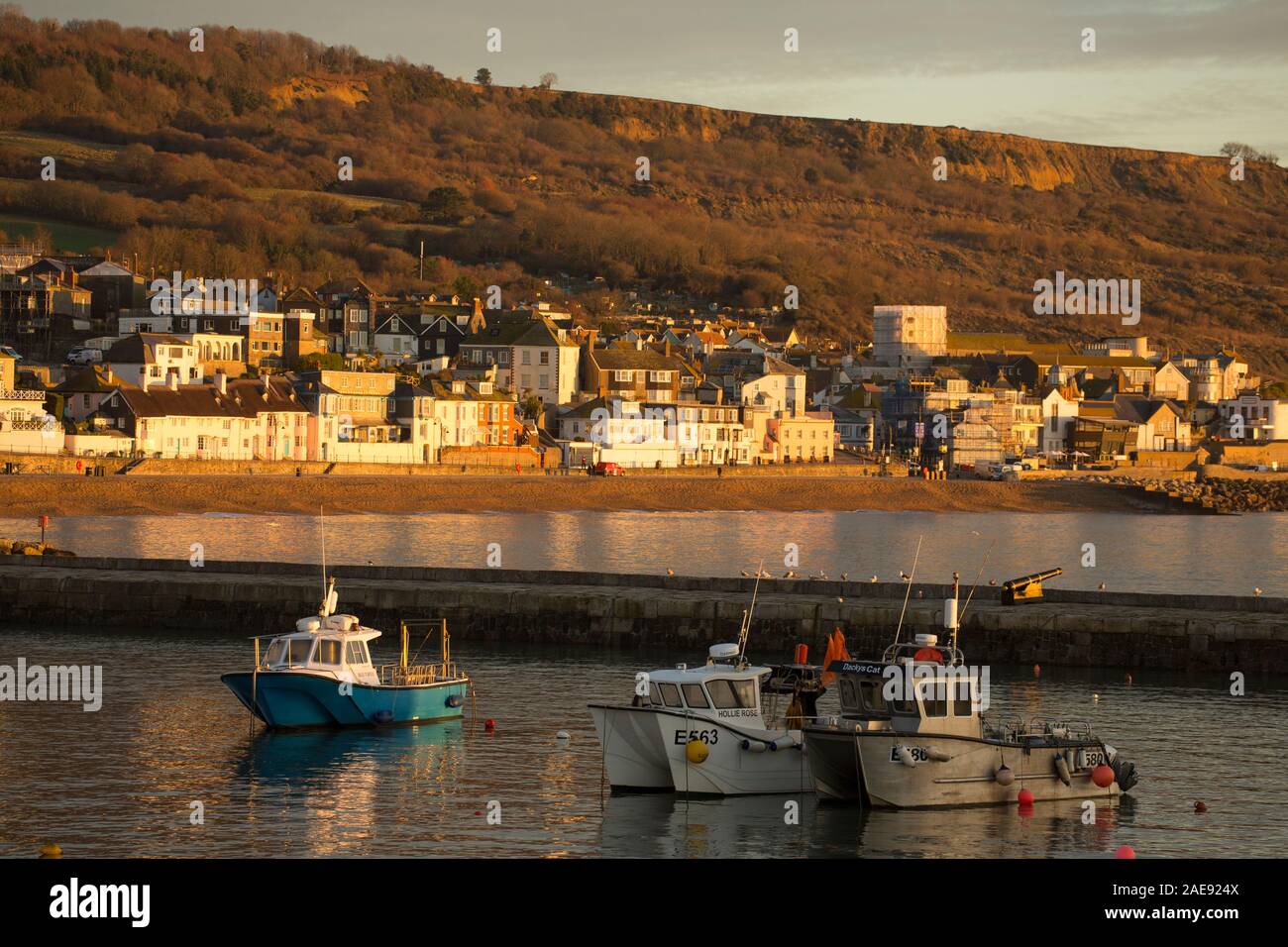 Küstenfischerei Boote und andere Wasserfahrzeuge in Lyme Regis Hafen Anfang Dezember vertäut. Lyme Regis ist auf der Heritage Coast oder Jurassic Küste Stockfoto