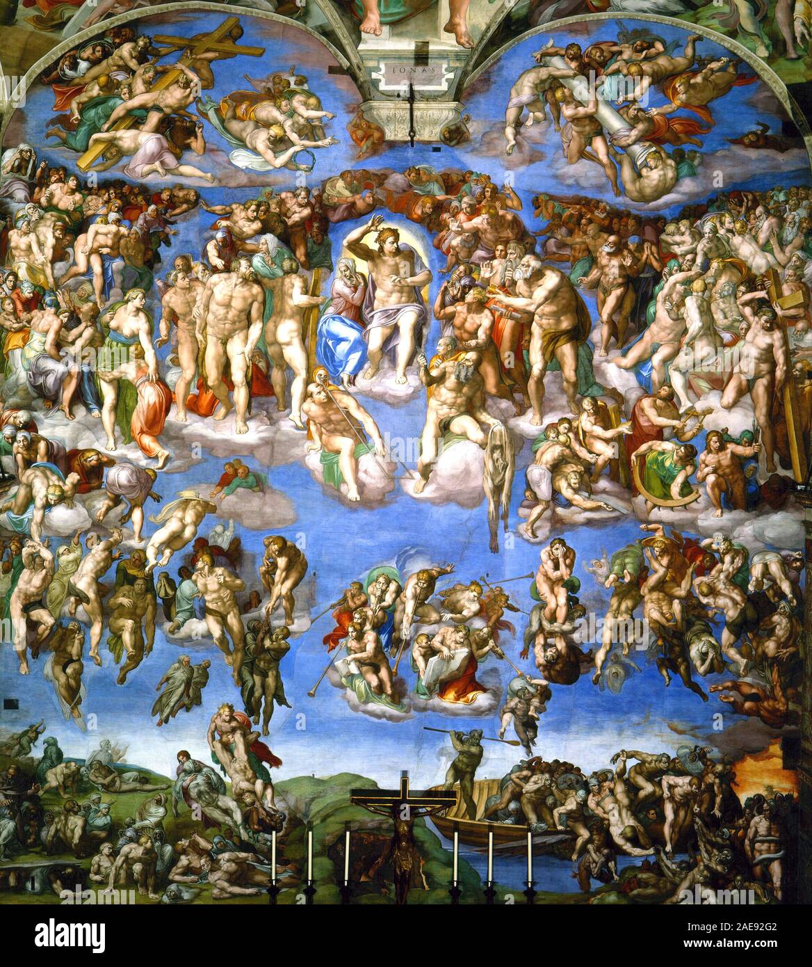 Das Jüngste Gericht von Michelangelo, ein Fresko von der italienischen Renaissance Maler Michelangelo, die den gesamten Altar Wand der Sixtinischen Kapelle im Vatikan. Es ist eine Darstellung des Zweiten Kommens Christi und der endgültigen und ewigen Gericht von Gott der ganzen Menschheit. Stockfoto