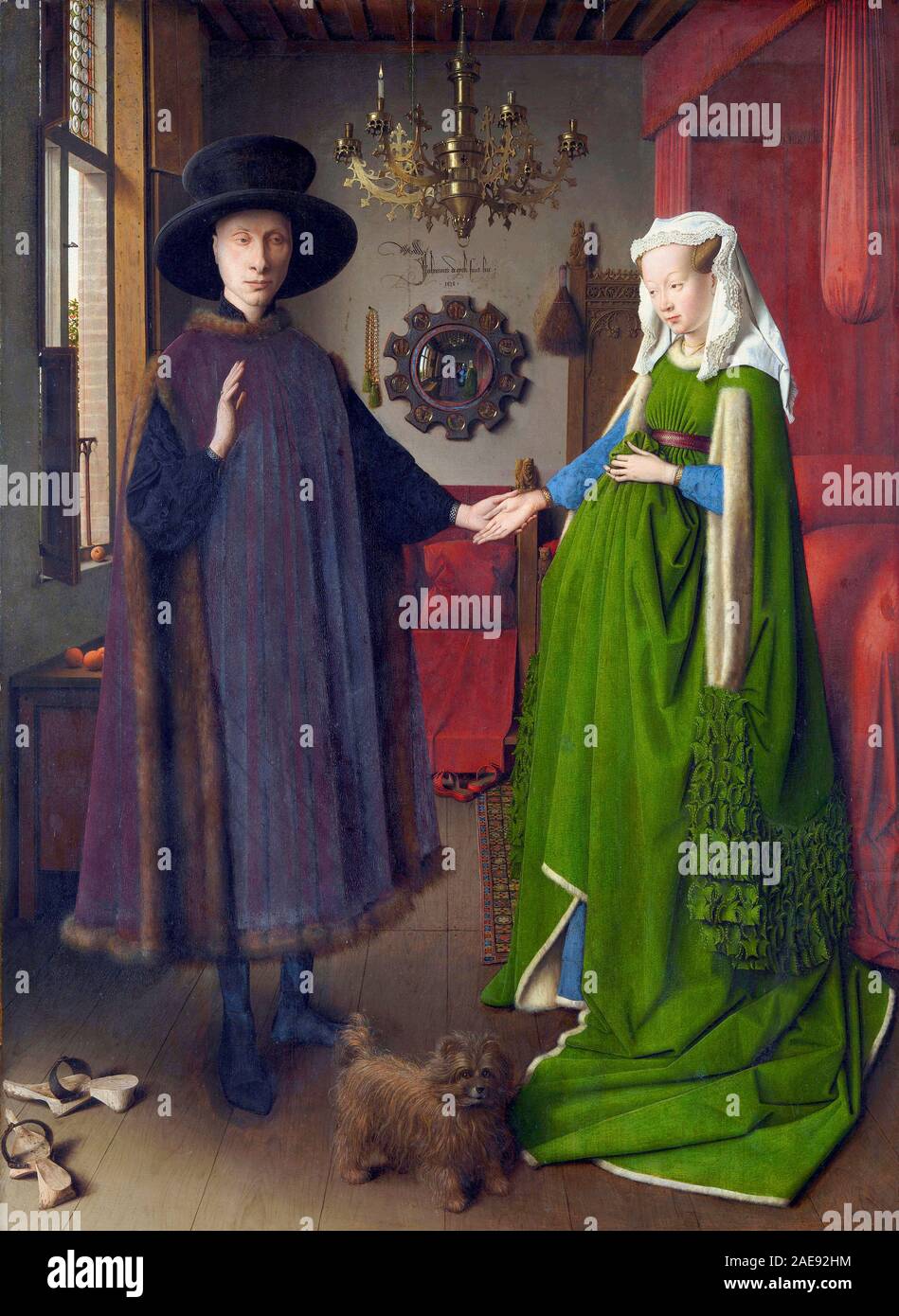 Arnolfini Portrait (1434), von Jan van Eyck das Arnolfini Portrait (Die Arnolfini-hochzeit, das Arnolfini Hochzeit, das Porträt des Giovanni Arnolfini und seine Frau) glaubte, daß der italienische Händler Giovanni di Nicolao Arnolfini und seiner Frau zu zeigen Stockfoto