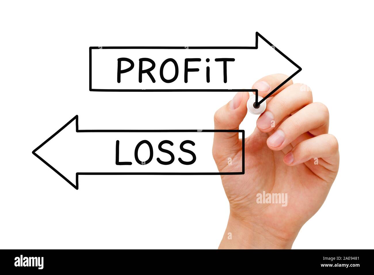 Handzeichnung Gewinn oder Verlust Pfeile Konzept mit Marker auf transparentem Glas Board auf weißem Hintergrund. Stockfoto