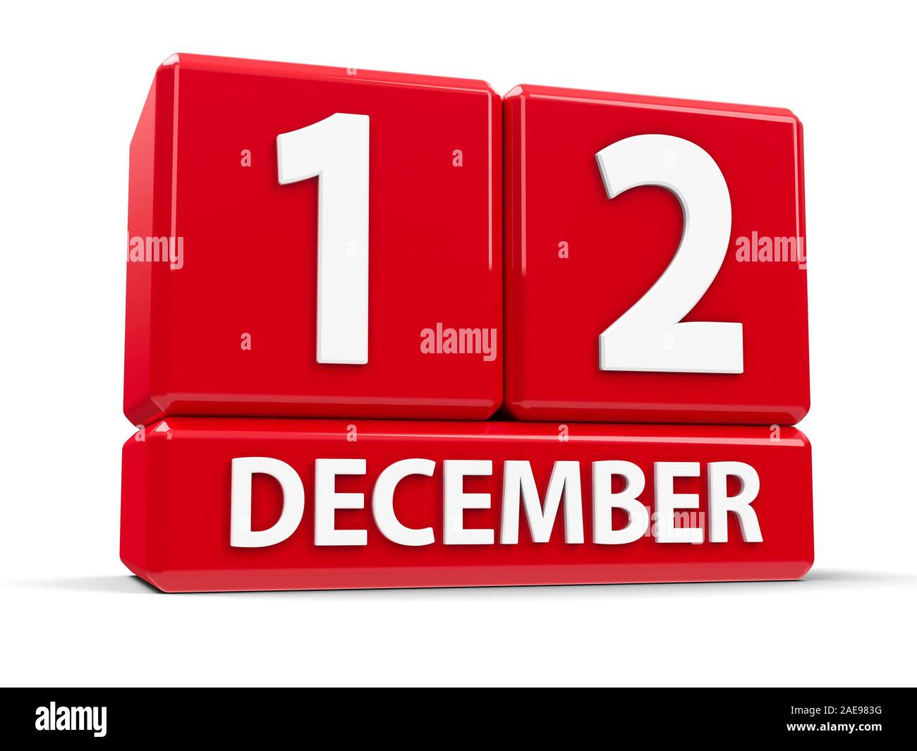 Rote Würfel - Der 12. Dezember - auf einem weißen Tisch - Internationaler Tag der Neutralität, universellen Krankenversicherung Tag, drei-dimensionale Darstellung, Stockfoto