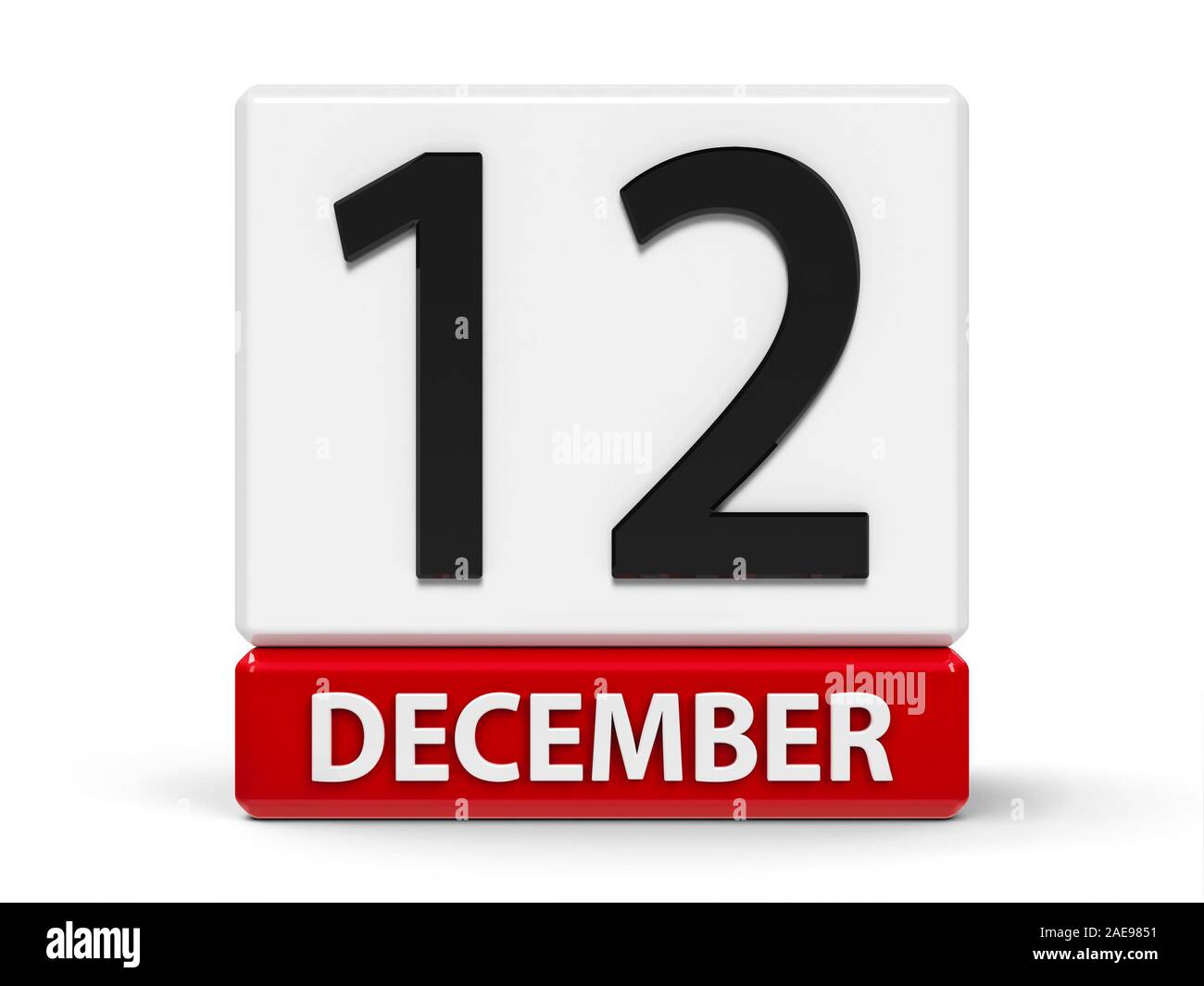 Rote und weiße Symbol Kalender von Würfel - Der 12. Dezember - auf einem weißen Tisch - Internationaler Tag der Neutralität, universellen Krankenversicherung Tag, Stockfoto