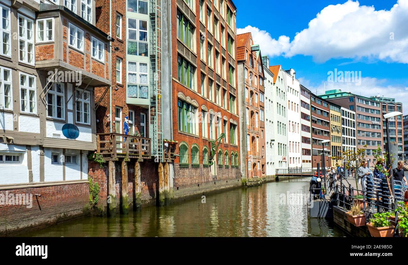 Touristen, die auf dem Ponton auf dem Nikolaifleet auf dem Gehweg spazieren und die Wohnungs- und Bürogebäude am Wasser in der Altstadt Hamburg betrachten Stockfoto