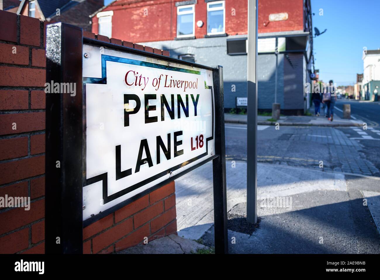 LIVERPOOL, ENGLAND-05 Mai 2015: Penny Lane street sign in Liverpool. Stockfoto