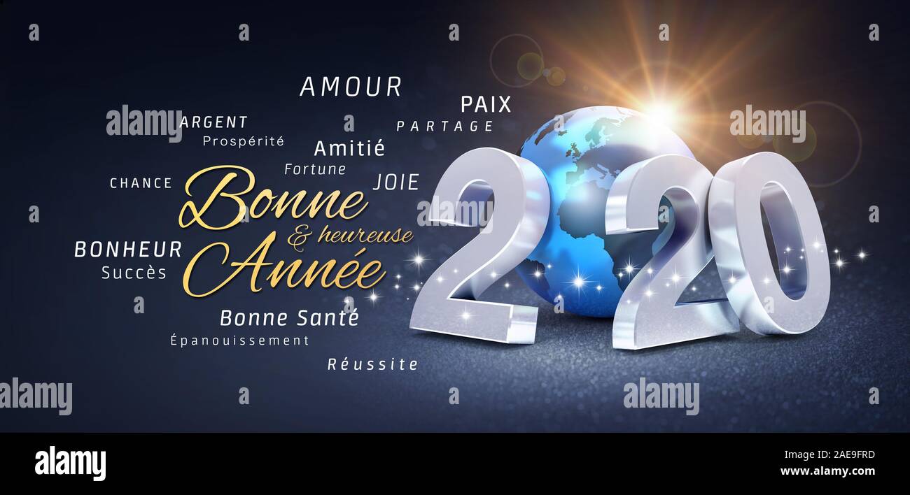 2020 Neues Jahr Datum, Anzahl, komponiert mit einem blauen Planeten Erde, gold Grüße und besten Wünsche in französischer Sprache, auf einer festlichen schwarzen Hintergrund Stockfoto