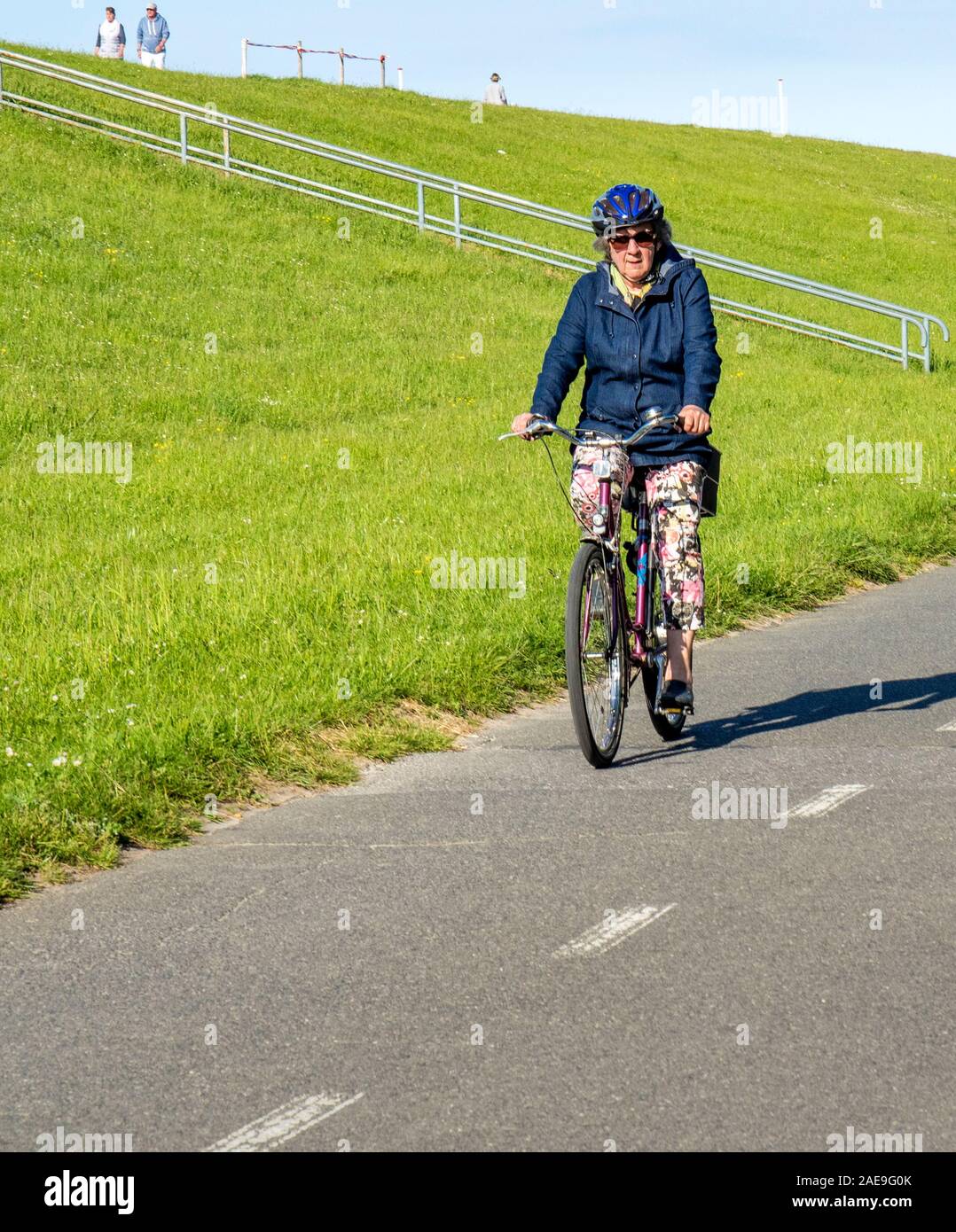 Radfahrerin auf einem Radweg auf einem Deich Cuxhavener Niedersachsen Deutschland. Stockfoto