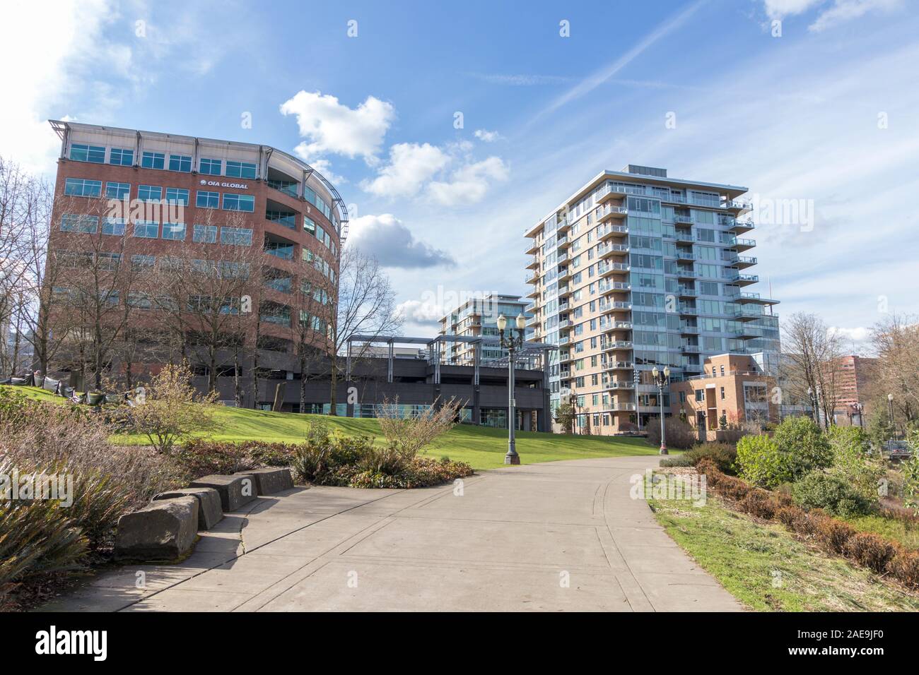 Hochhaus Wohn- Gebäude im Süden Hafenviertel in Portland, Oregon, an einem schönen Tag. Stockfoto