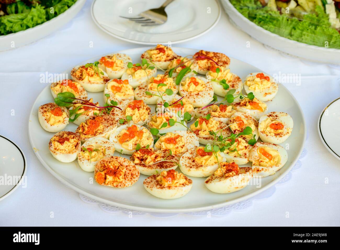 Eier Diablo im Casa Kimberly Sonntag Frühstücksbuffet in Puerto Vallarta, Jalisco, Mexiko. Stockfoto