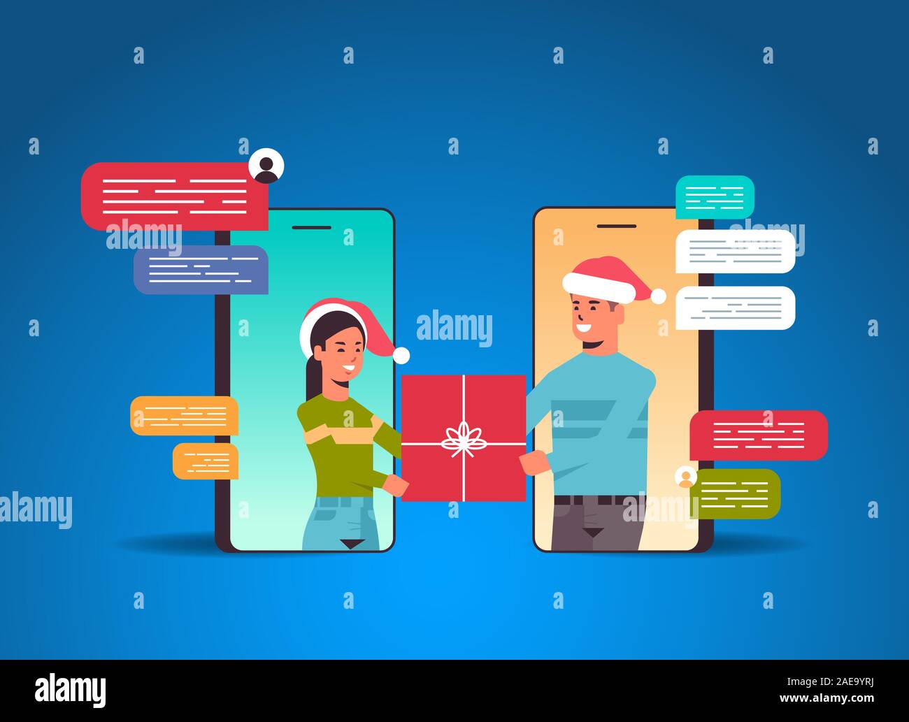 Ehepaar in Santa Hüte mit Chat app social network Blase Kommunikationskonzept Mann Frau im Smartphone Bildschirme holding Geschenkbox online Mobile Application portrait Vektor-illustration chat Stock Vektor