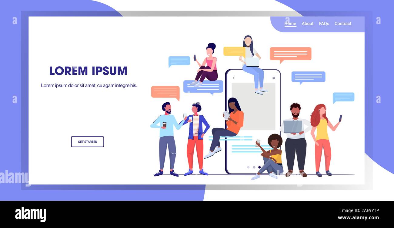 Mix rennen Leute plaudern Apps auf digitalen Geräten social network Chat bubble Kommunikation Konzept der Bildschirm des Smartphones online mobile Anwendung in voller Länge horizontale kopieren Raumzeiger Abbildung Stock Vektor