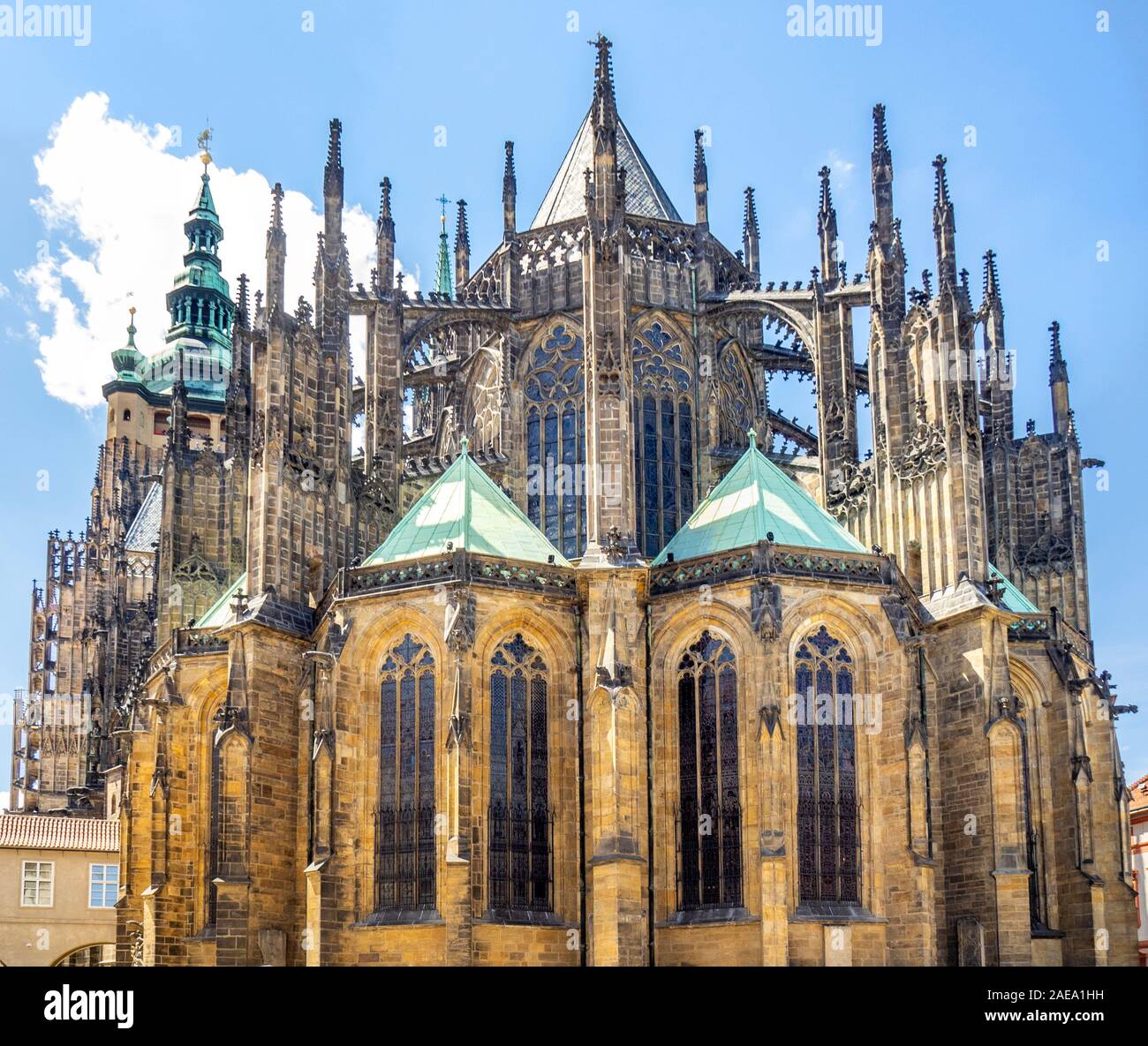Apsis und fliegende Stützen der gotischen St. Veits-Kathedrale in Prag Schlosskomplex Prag Tschechische Republik. Stockfoto