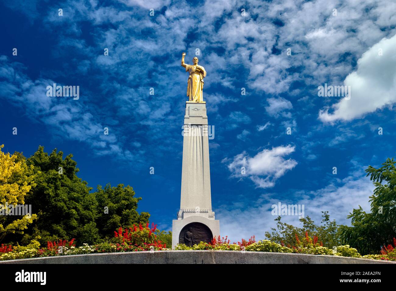 Engel Moroni denkmal Hügel Cumorah New York. Die Kirche Jesu Christi der Heiligen der Letzten Tage. Buch Mormon. Stockfoto