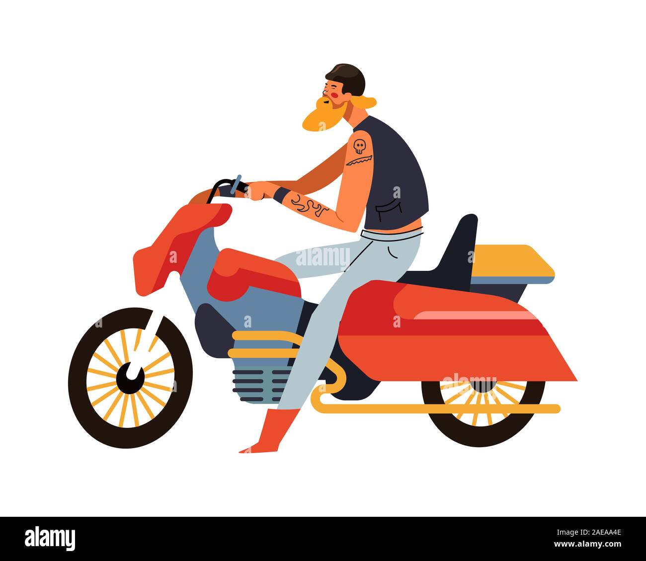 Biker Mann sitzt auf rotes Motorrad Seitenansicht Stock Vektor