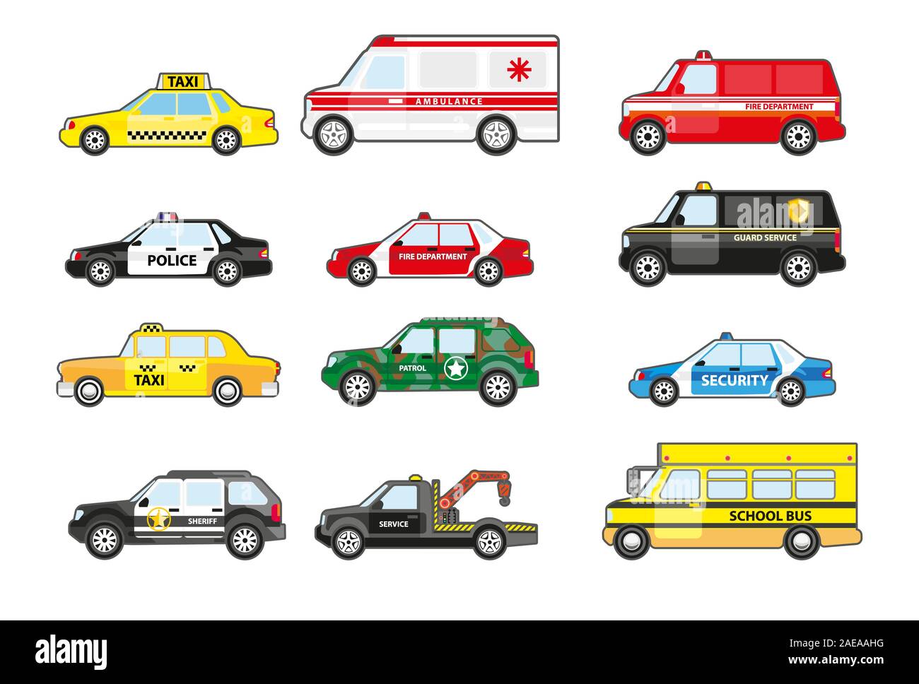Öffentlichen Dienst und Emergency Response Fahrzeug Autos Sammlung Seitenansicht Stock Vektor