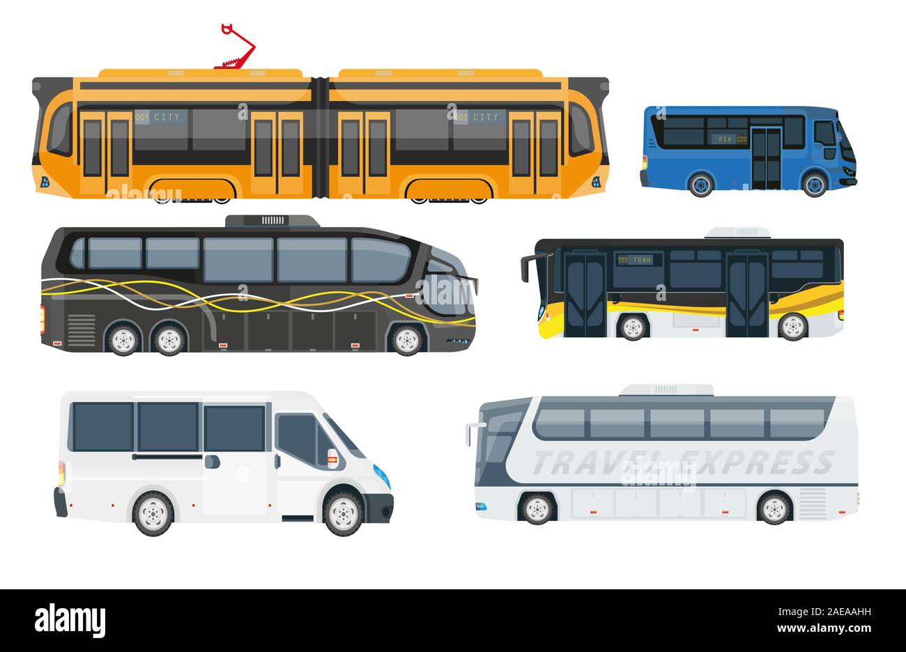 Travel Shuttle Busse und Personennahverkehr Seitenansicht Stock Vektor