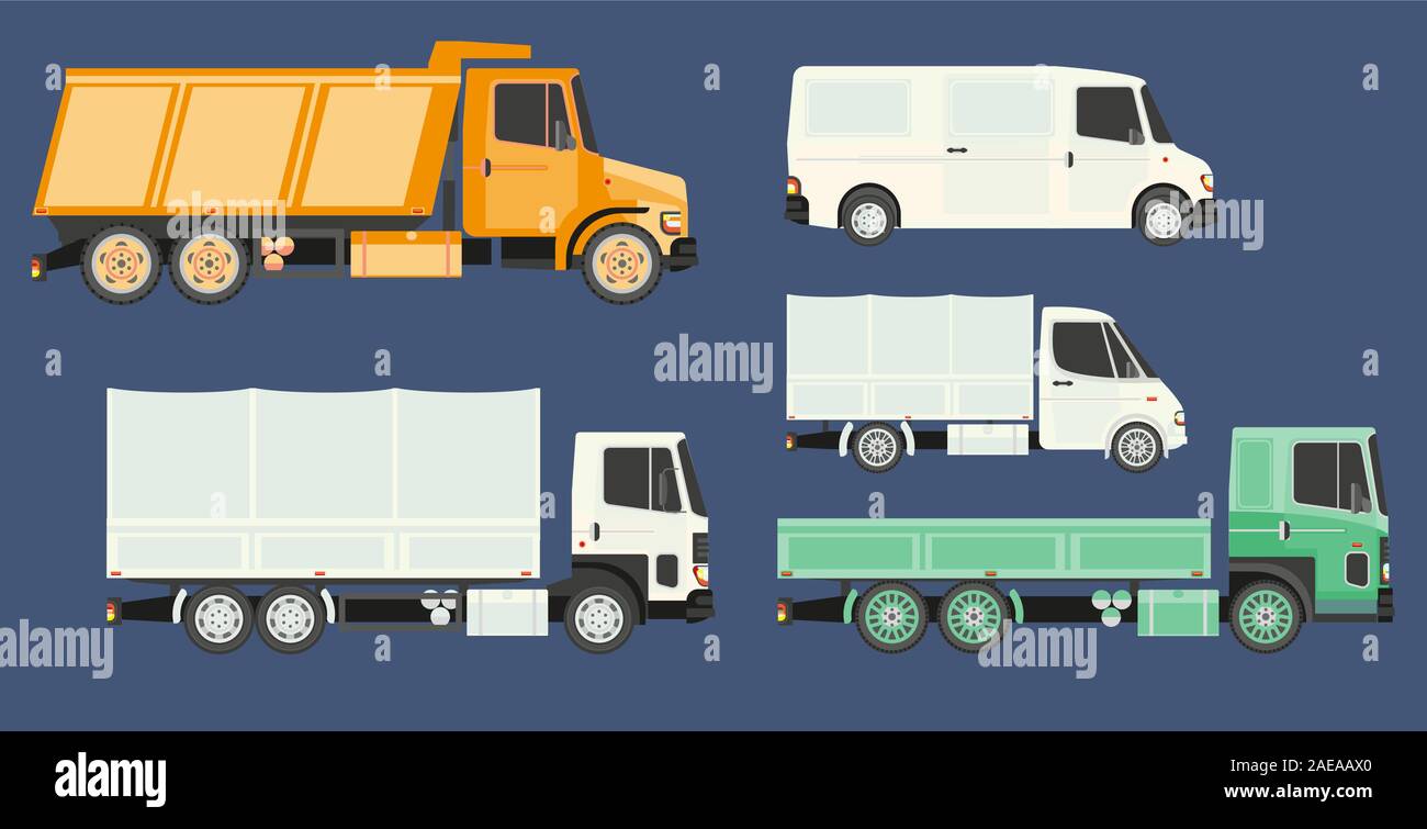 Lkw oder Transporter Sammlung mit load Transport Fahrzeuge Seitenansicht Stock Vektor