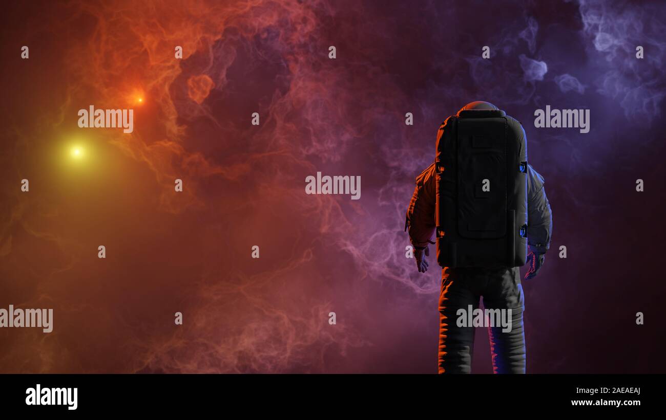 Astronaut vor einem wunderschönen Platz nebula Stockfoto