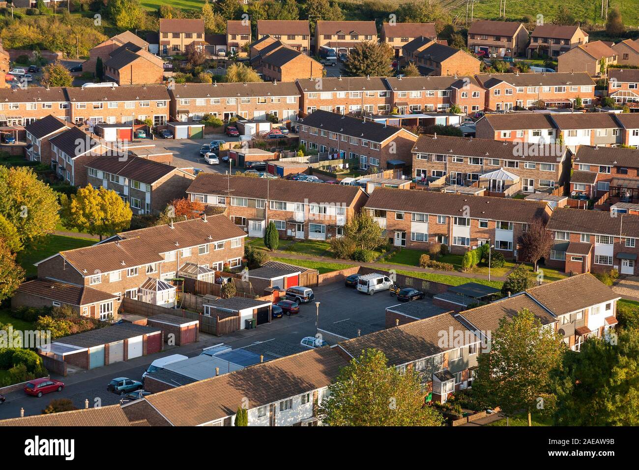 Luftaufnahme von Red brick House Estate in England, Großbritannien. Stockfoto