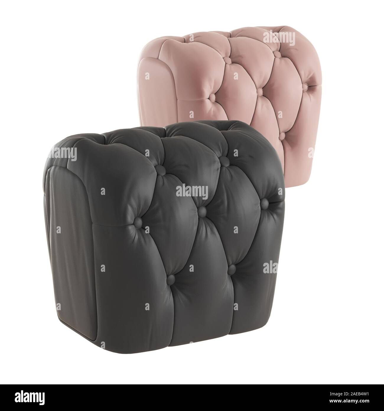 Zwei Leder Hocker capitone auf weißem Hintergrund. 3D-Rendering Stockfoto