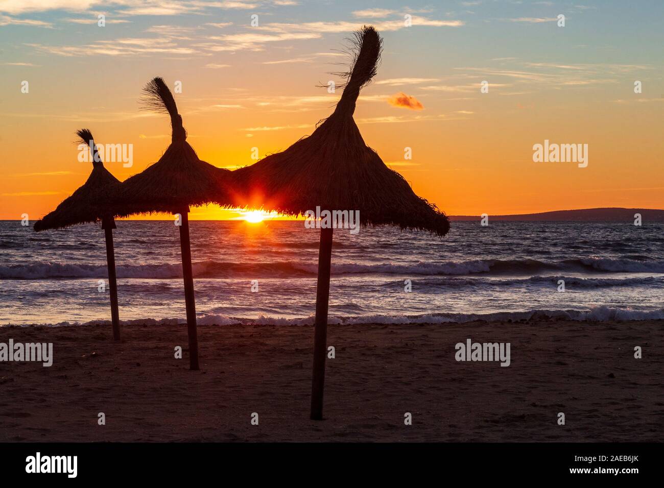 Sihouetted Sonnenschirme am Strand bei Sonnenuntergang, ohne Menschen, Playa de Palma, Platja de Palma, Mallorca, Mallorca, Balearen, Spanien, Europa Stockfoto