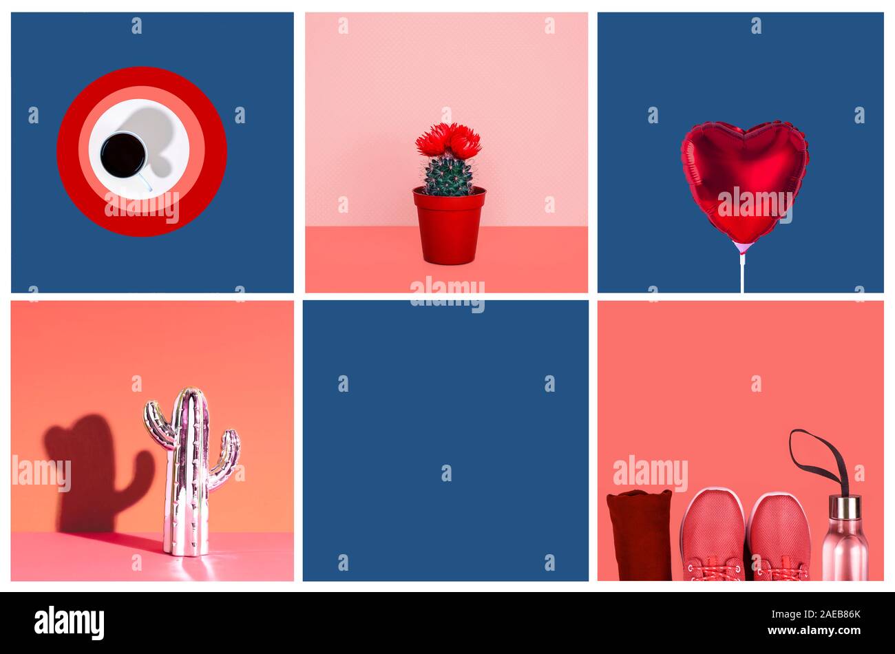 Collage von Farbe für das Jahr 2019 angespornt - lebende Koralle. Kreative minimal Style. Stockfoto
